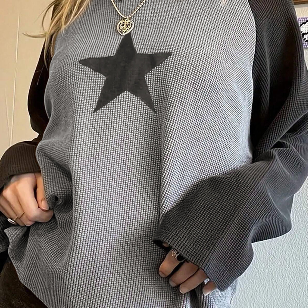 High Waffle Knit Colorblock Star Patch Graphic Raglan Top