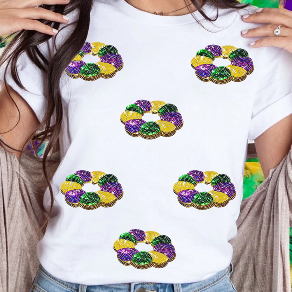 White Sequined Mardi Gras Pattern Crew Neck Short Sleeve Top
