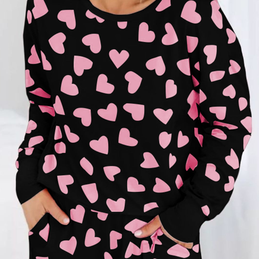 Pink Valentine Heart Shape Print Long Sleeve Top Shorts Lounge Set