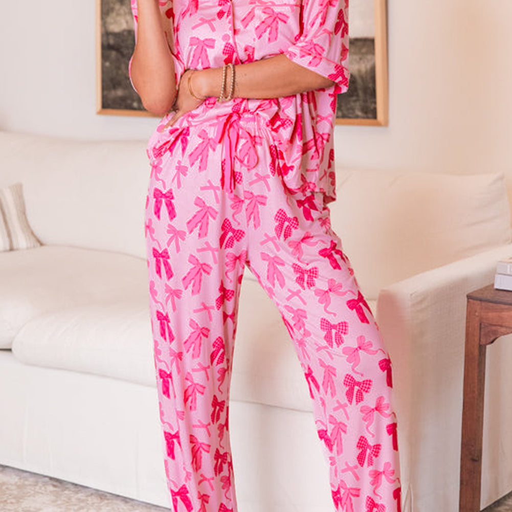 Pink Bow Knot Print Lapel Collar Short Sleeve and Pants Pajamas Set