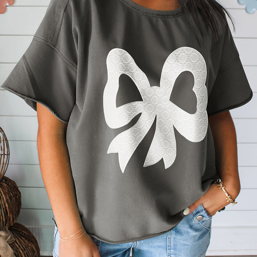 Sea Green Lace Bow Raw Edge Drop Shoulder Casual T Shirt