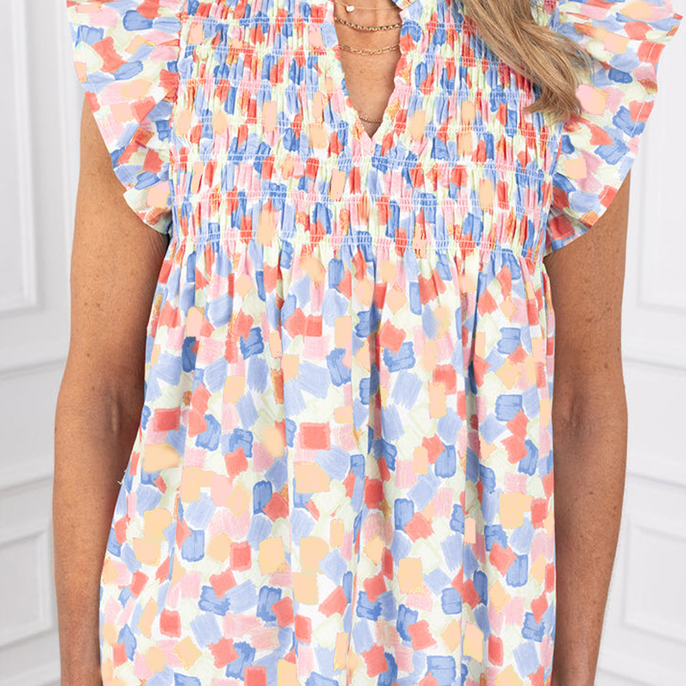 Sky Blue Shirred Yoke Ruffled Abstract Printed Blouse