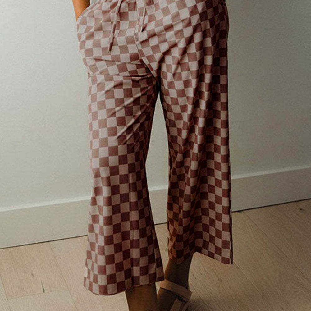 Khaki Checkered Elastic High Waist Loose Casual Pants