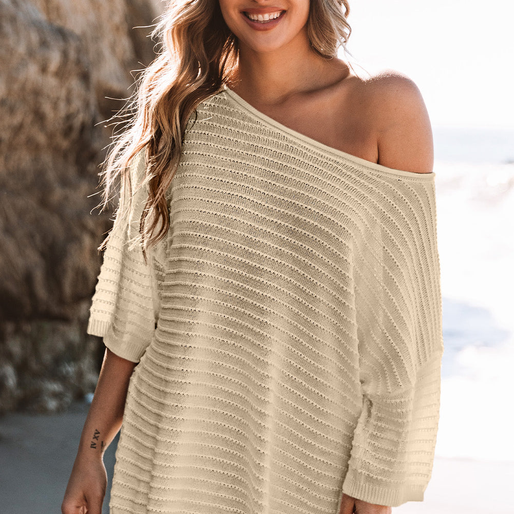 Beige Textured Knit Drop Shoulder Short Sleeve Sweater