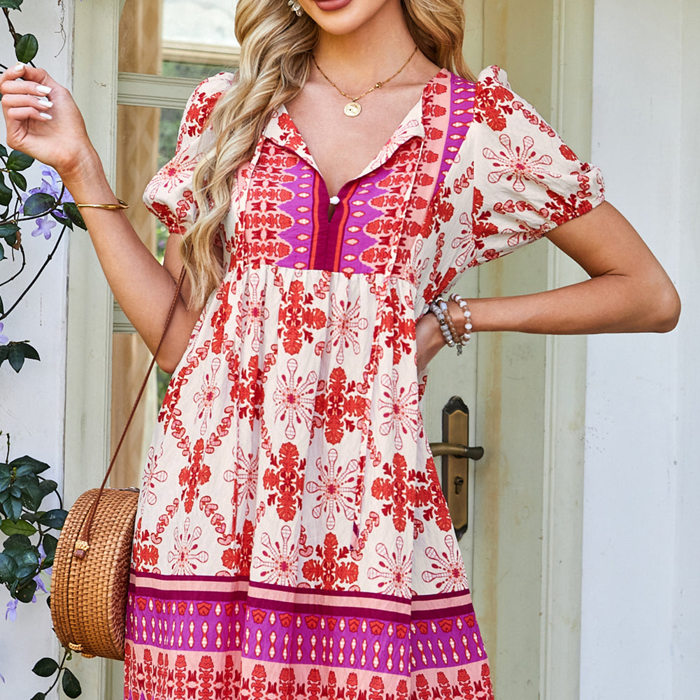 Rose Boho Floral Short Sleeve Lace-up V Neck Mini Dress