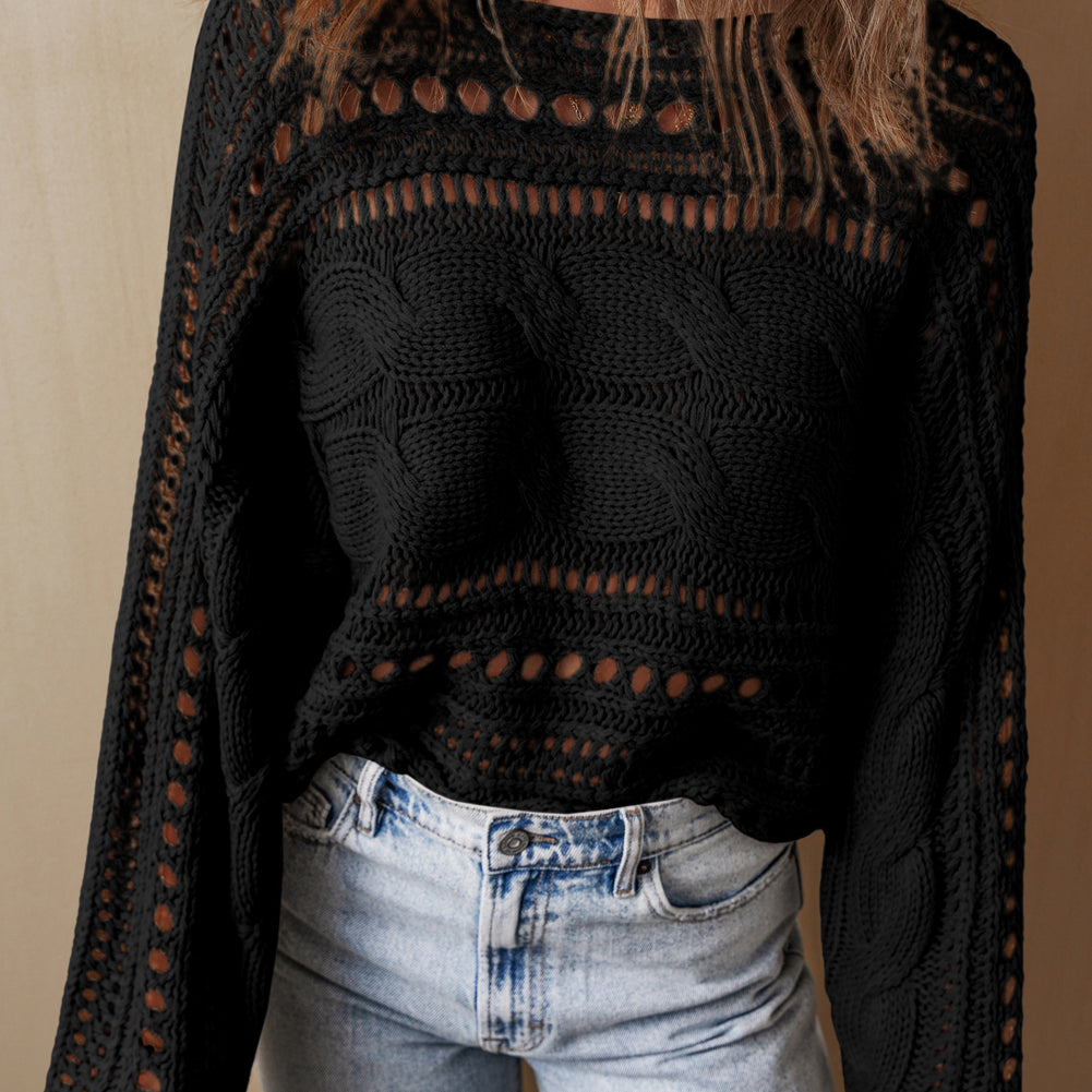 Smoke Gray Hollow-out Cable Knit Cropped Sweater