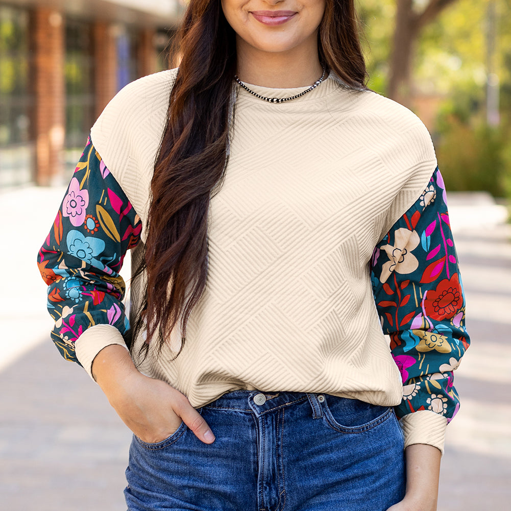 White Contrast Floral Sleeve Textured Drop Shoulder Knit Top
