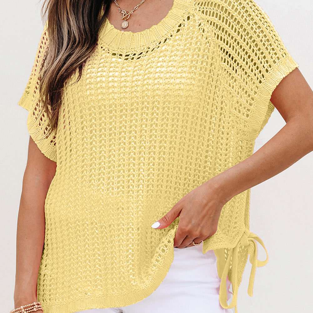 Yellow Cream Hollow-out Crochet Side Tied Short Sleeve Sweater