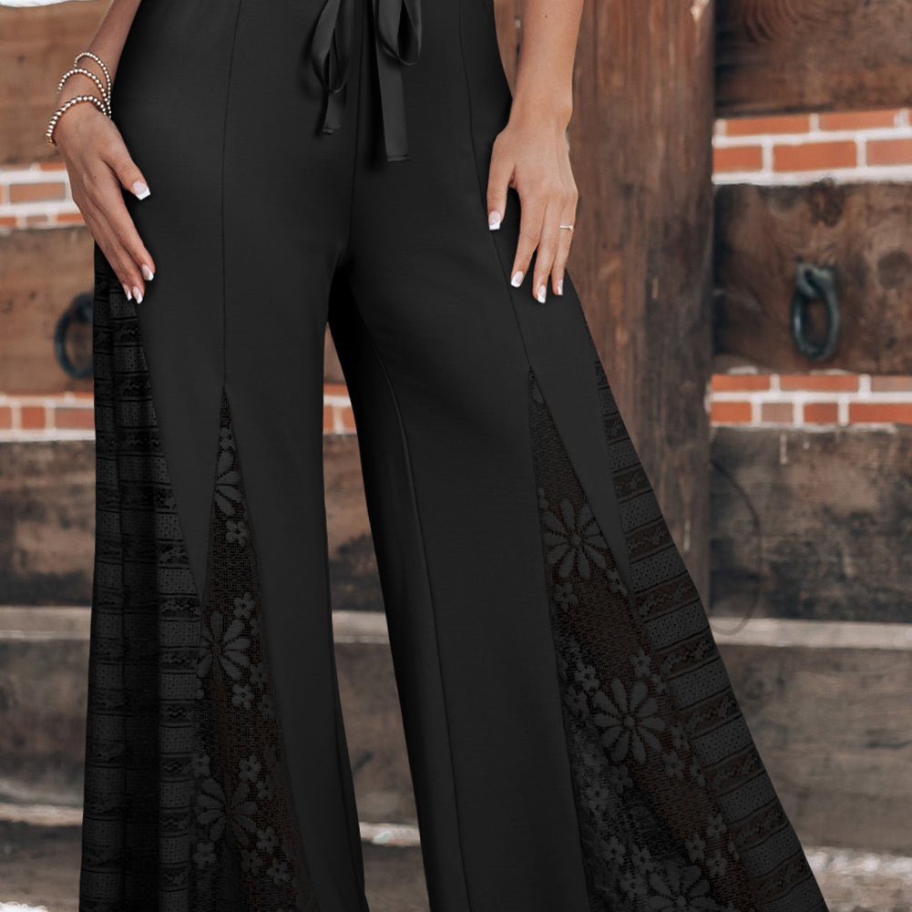 Smoke Gray Boho Lace Patchwork Wide Leg High Waist Pants