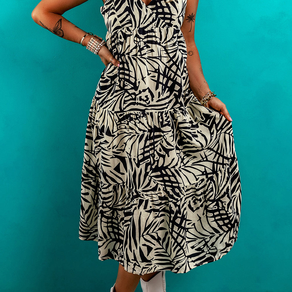 Khaki Tropical Palm Print Wrapped V Neck Spaghetti Straps Tiered Dress