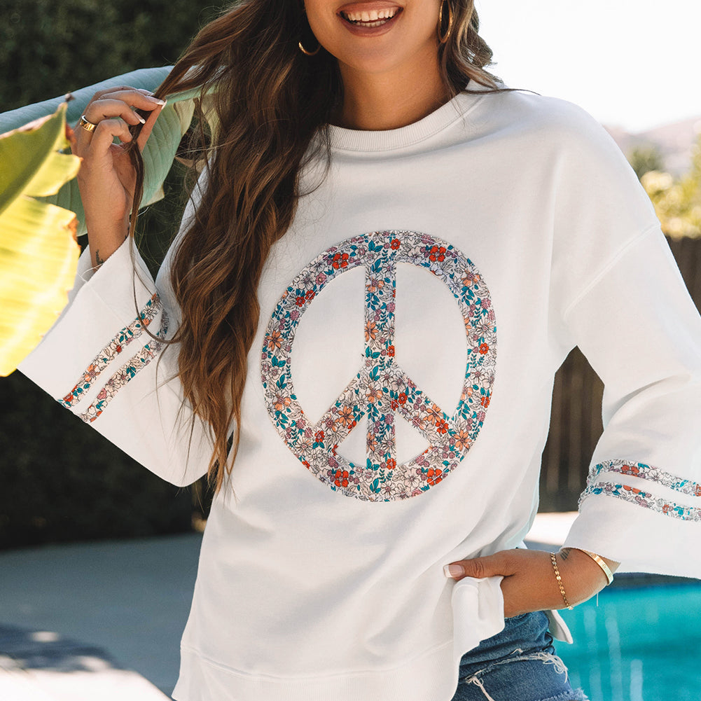 Light Pink Floral Peace Sign Graphic Drop Shoulder Wide Sleeve Casual Top