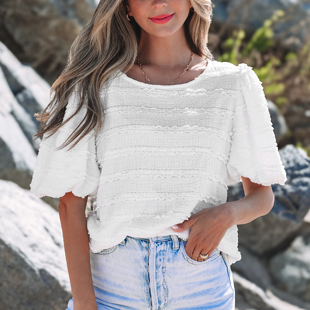 White Frilled Lace Trim Bubble Sleeve Blouse
