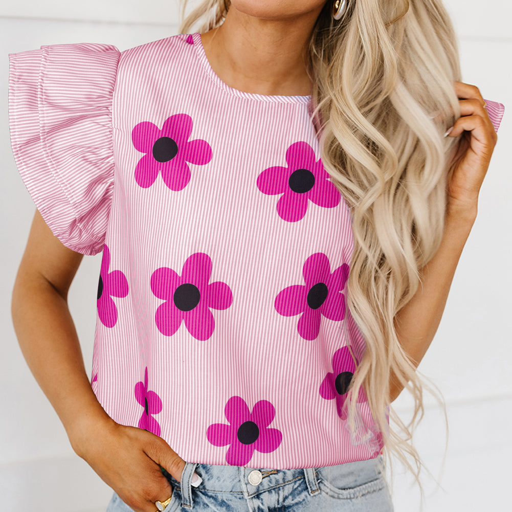 Pink Pinstripe Floral Print Ruffled Flutter Sleeve Blouse