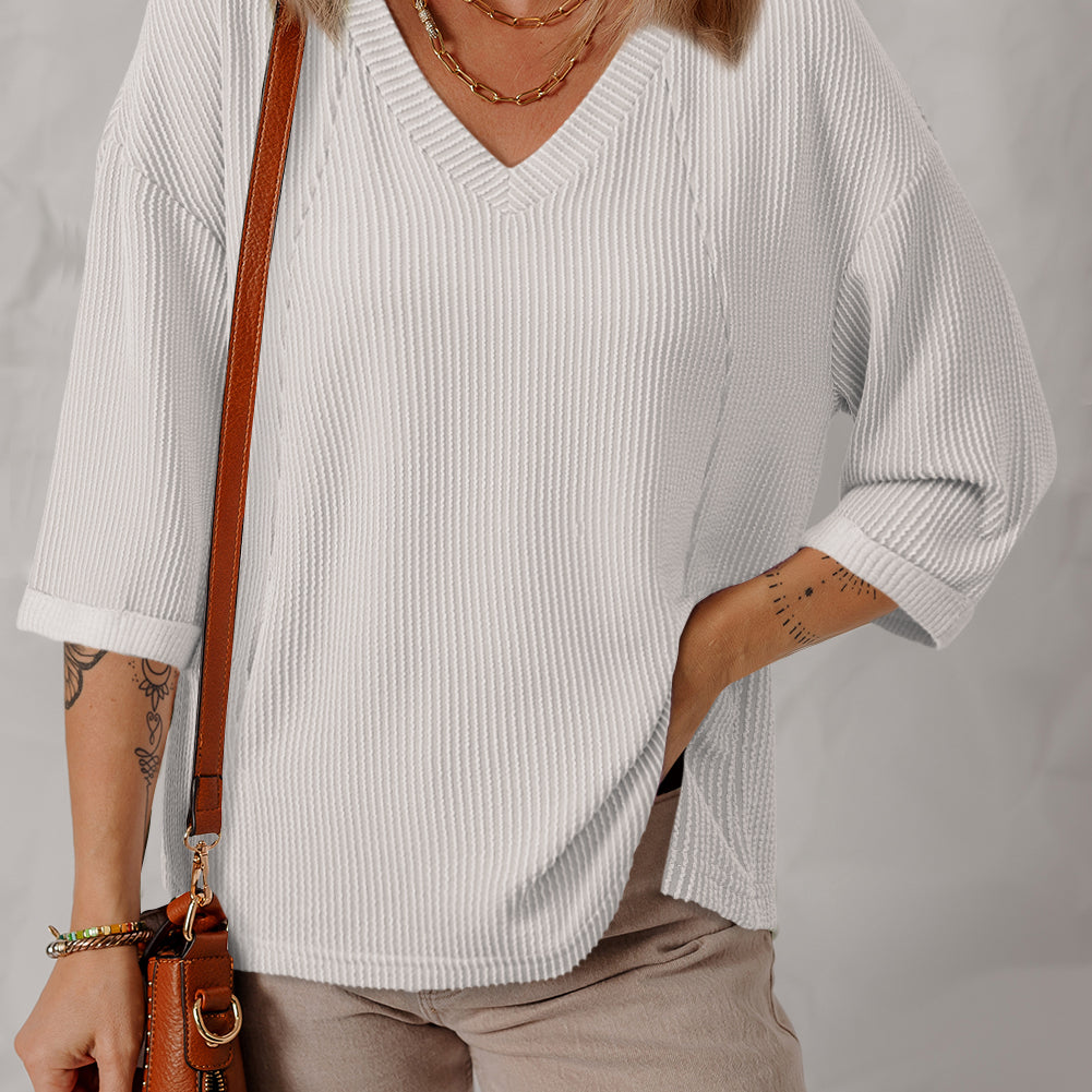 White Solid Color Corded Drop Shoulder 3/4 Sleeve V Neck Top