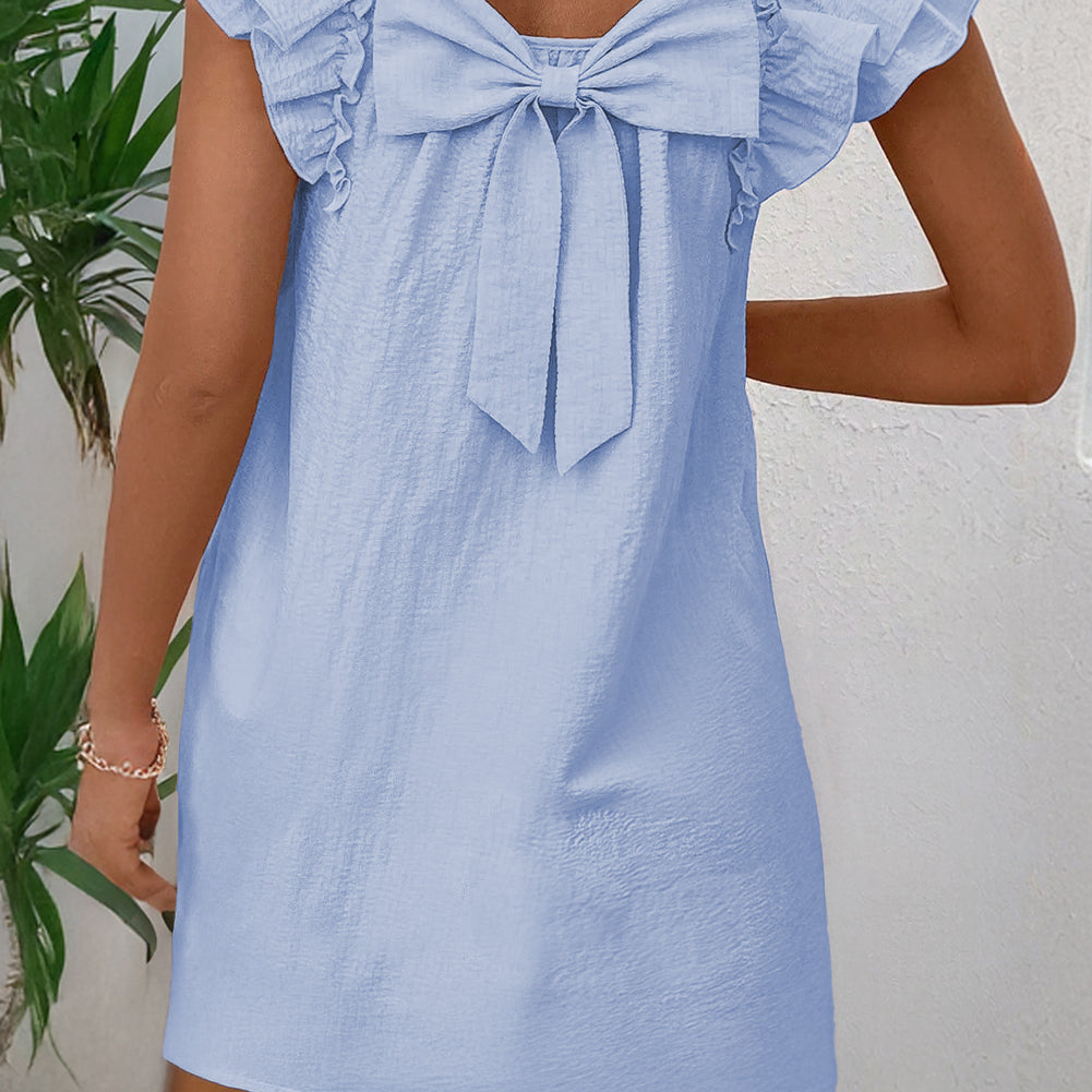 Beau Blue Textured Flutter Sleeve Square Neck Bow Back Mini Dress