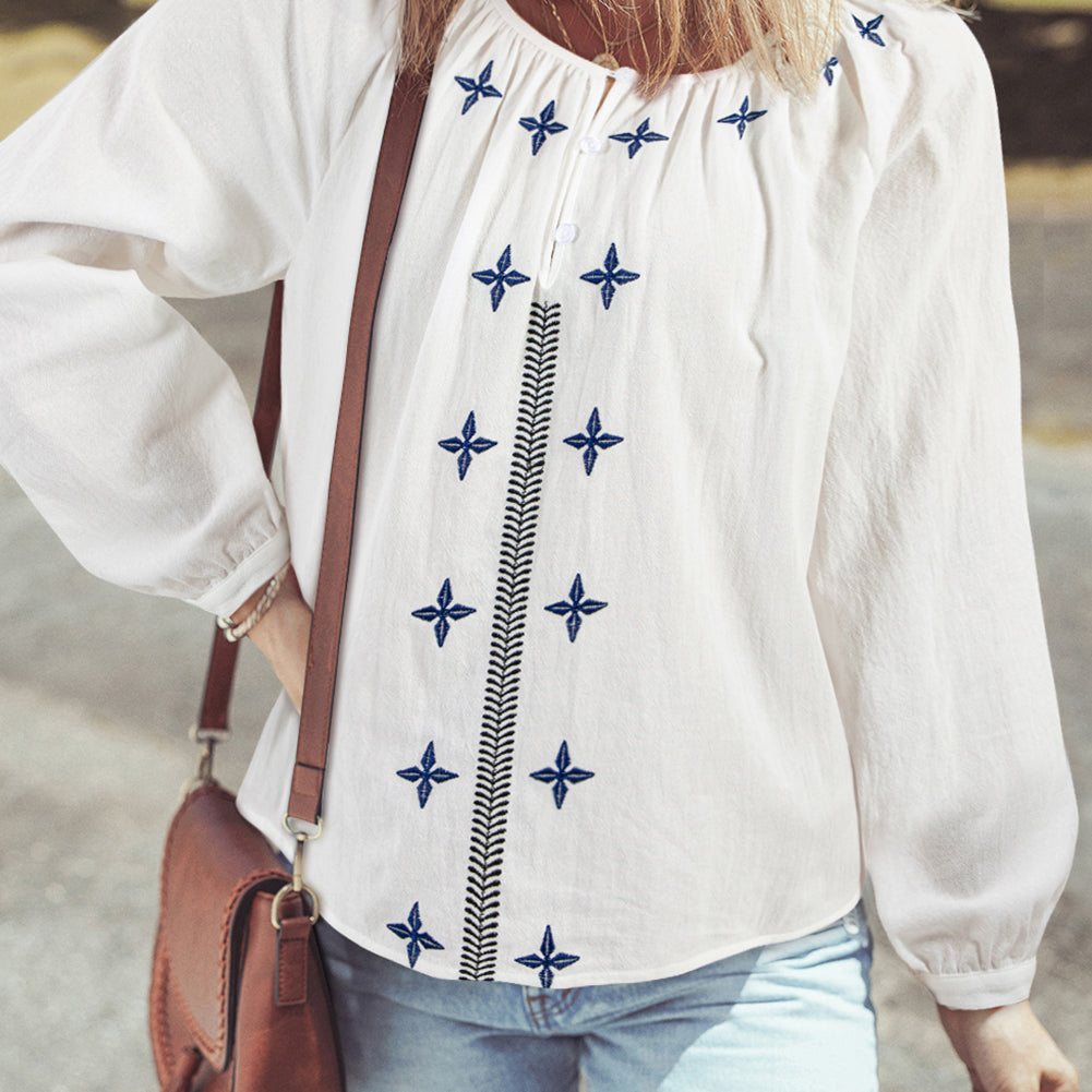 White Geometric Embroidered Long Sleeve Buttoned Blouse