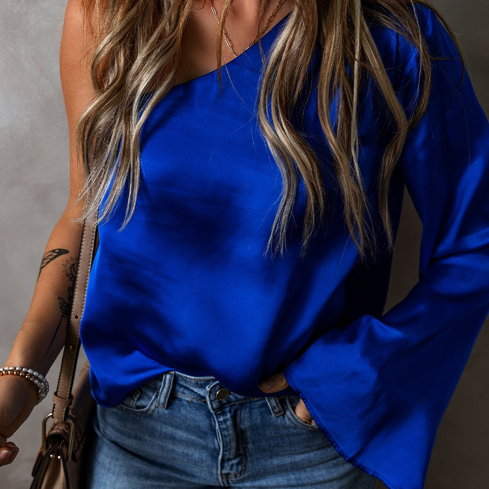 Dark Blue Asymmetric One Shoulder Bell Sleeve Satin Blouse