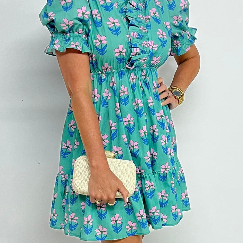 Green Floral Print Frilly Smocked Detail High Waist Mini Dress