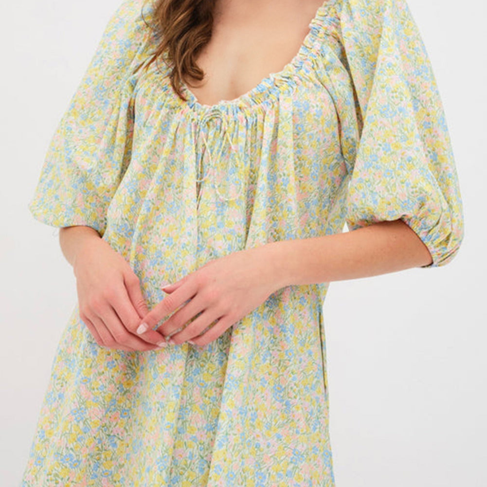 Green Floral Half Sleeve Frilled U Neck A-line Short Dress