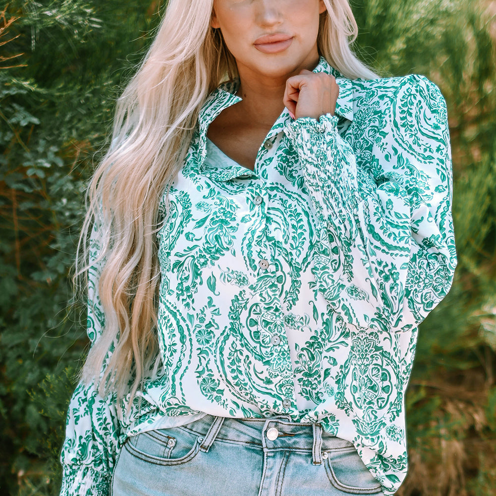 Green Paisley Print Smocked Cuff Buttoned Loose Shirt