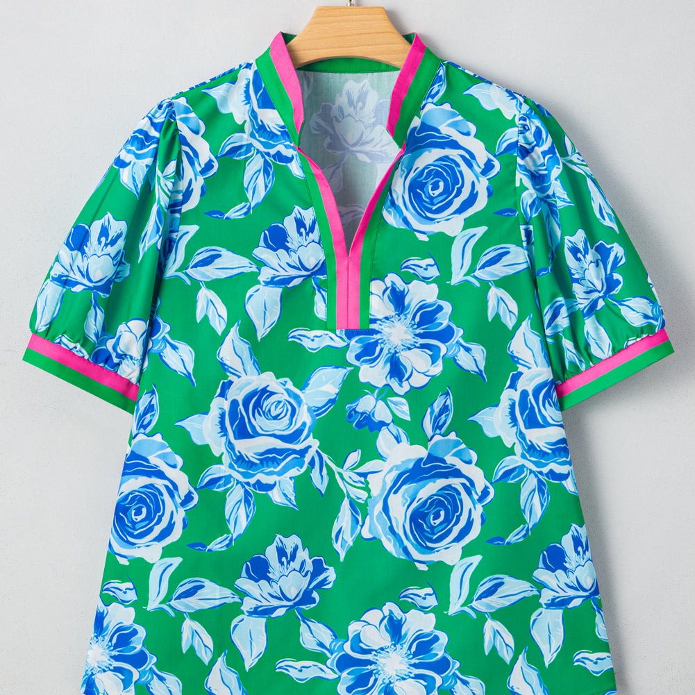 Green Floral Print Short Puff Sleeve Plus Size Top