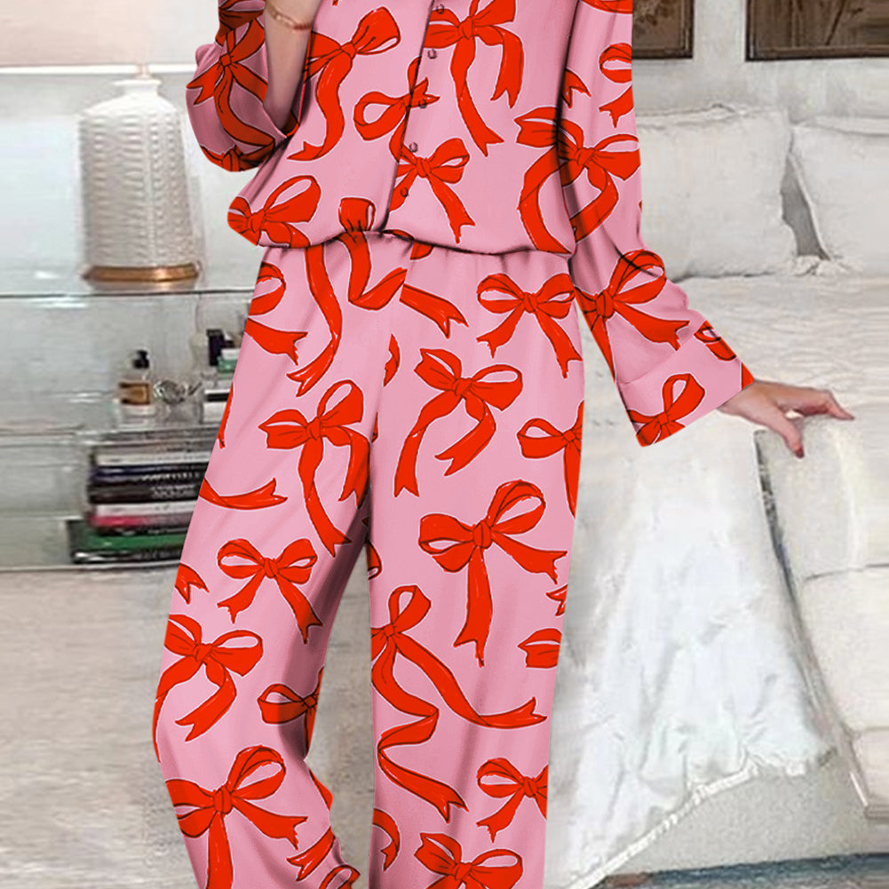 Pink 2pcs Bow Print Shirt Style Long Sleeve Pajama Set