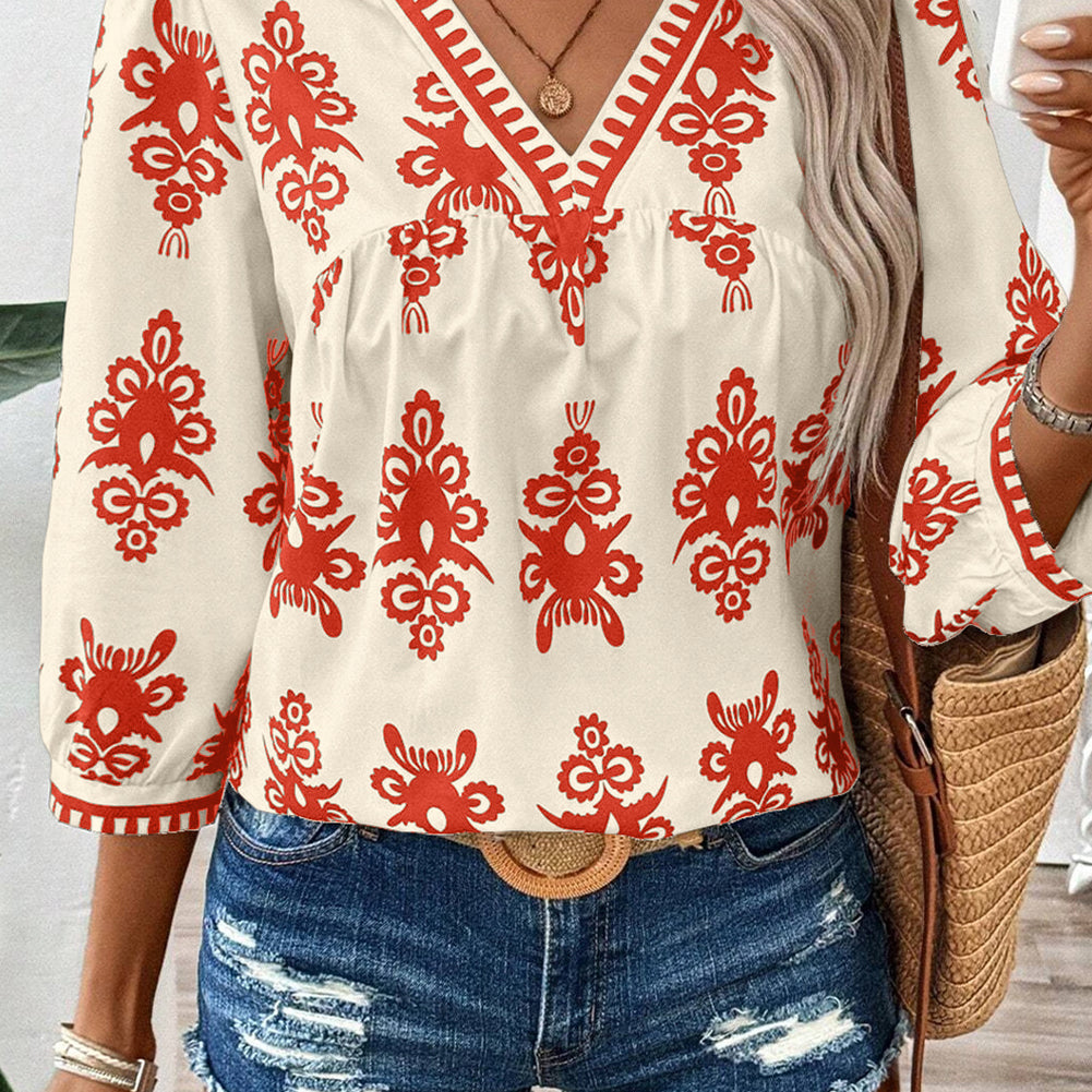 Beige Vintage Geometric Printed 3/4 Sleeve V Neck Blouse