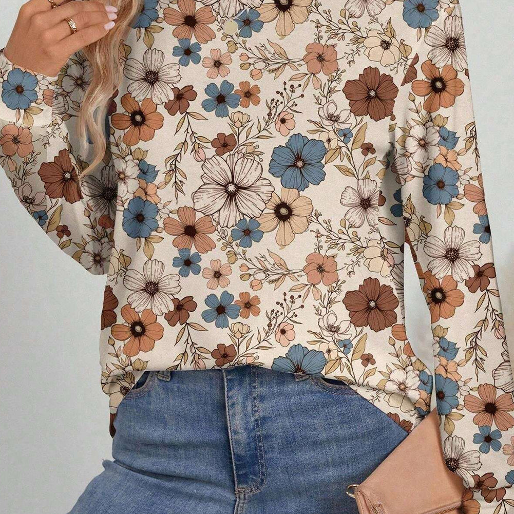 Khaki Floral Print Loose Crew Neck Long Sleeve T Shirt
