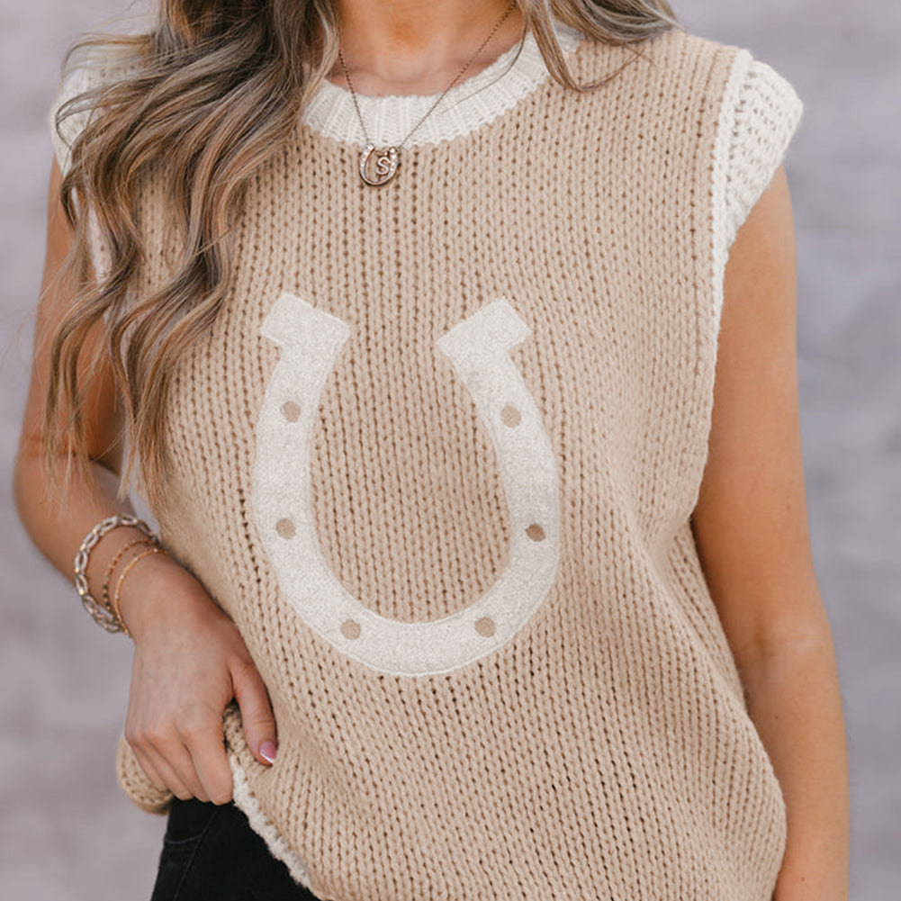 Oatmeal Woven Horseshoe Color Contrast Trim Sweater Vest