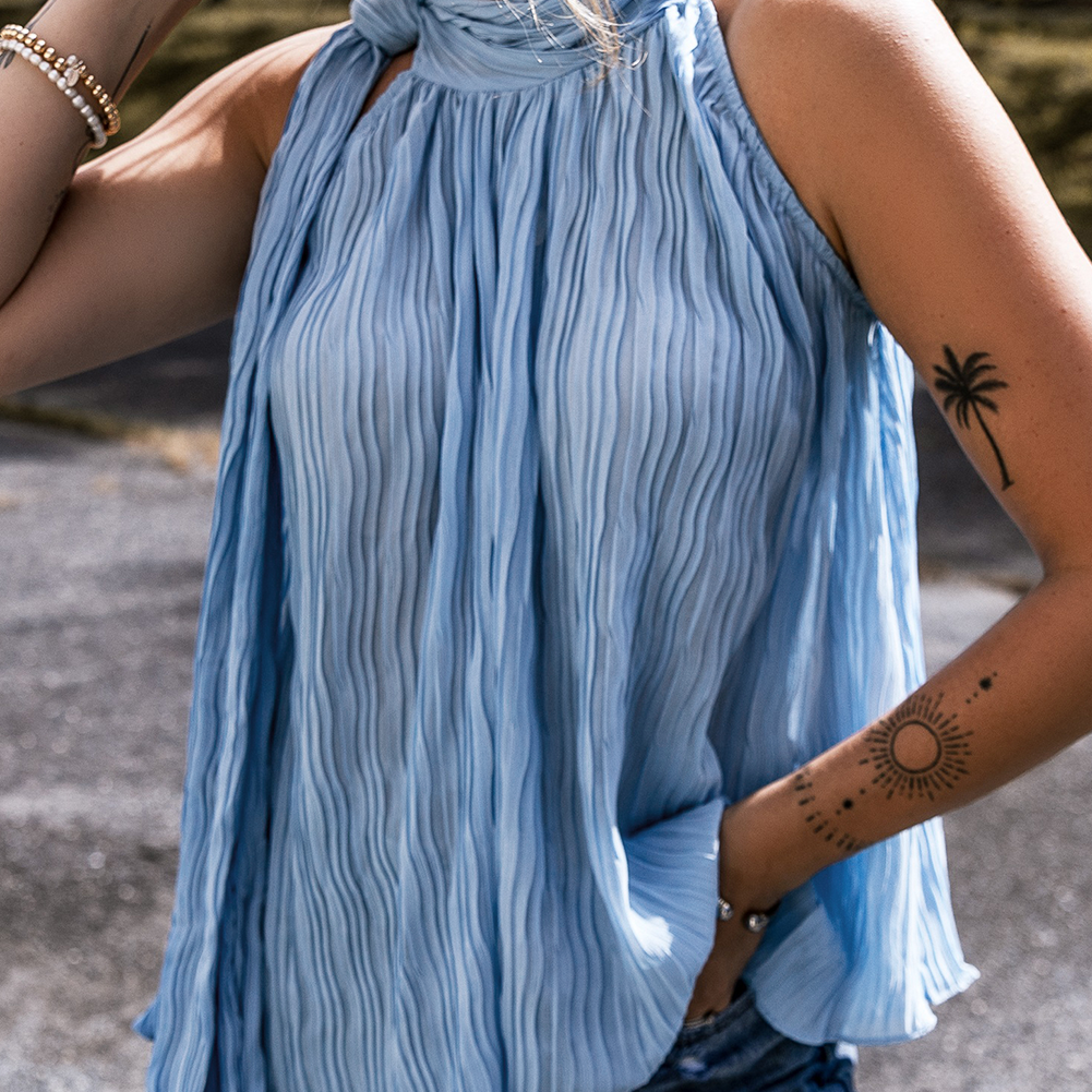 Myosotis Textured Pleated Tied Mock Neck Flowy Tank Top