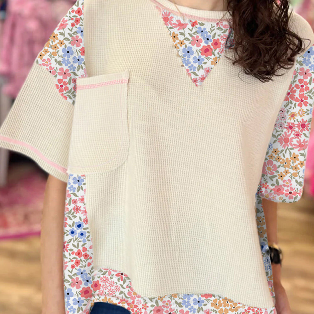 Beige Floral Patchwork Chest Pocket Wide Sleeve Waffle T Shirt