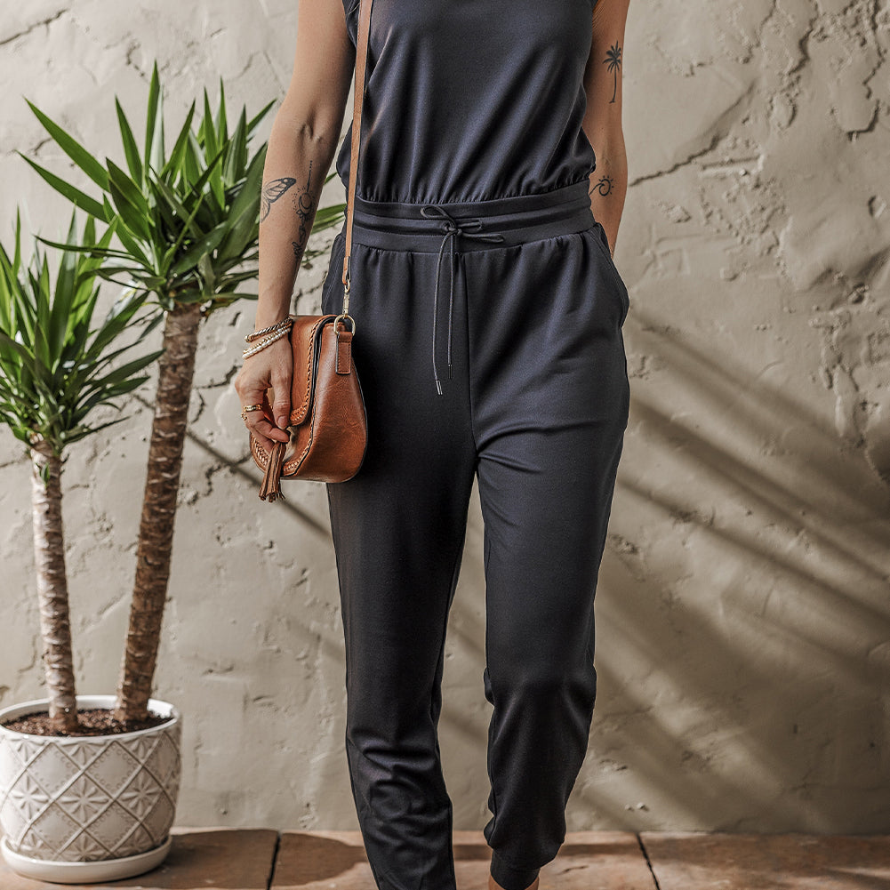 Black Casual Tank Style Tie Waist Pocketed Jogger Jumpsuit