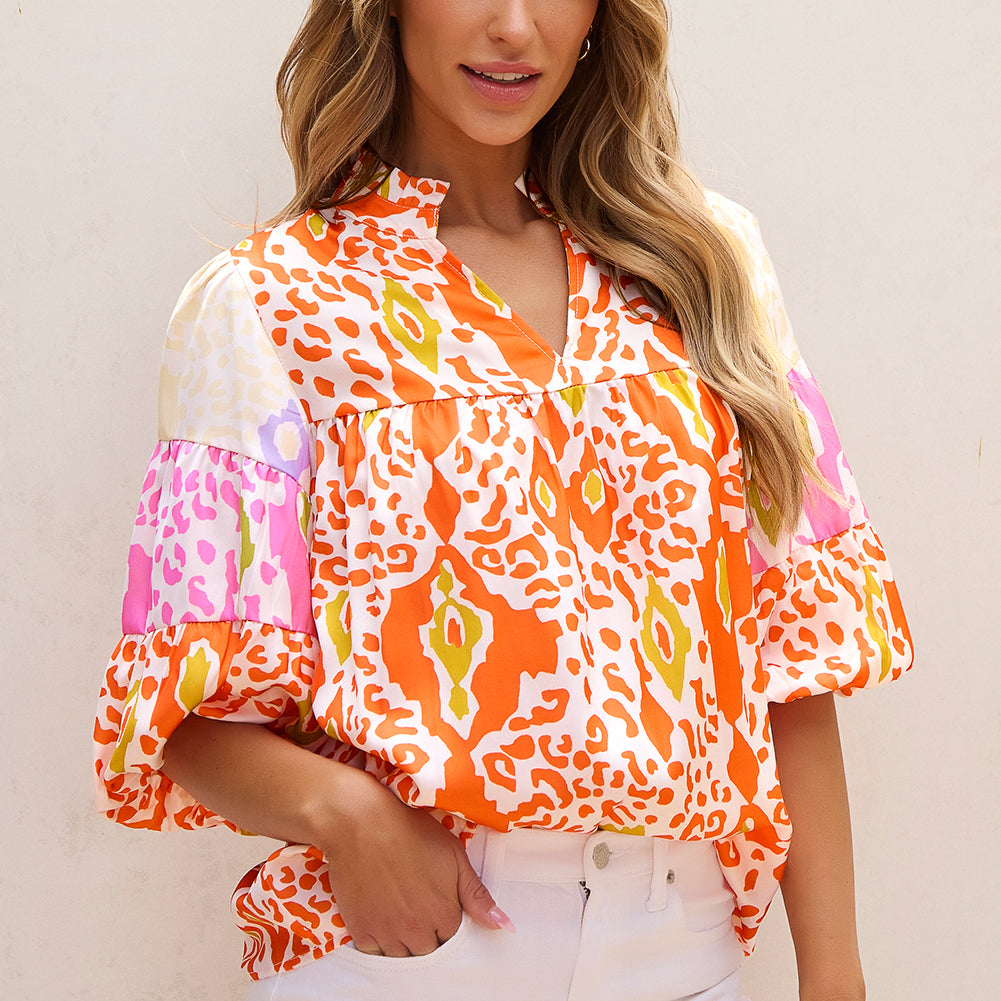 Orange Leopard Colorblock Puff Sleeve Split Neck Blouse
