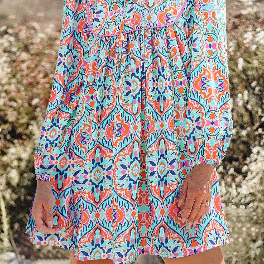 Khaki Abstract Printed Long Sleeve Tied Neckline Mini Dress