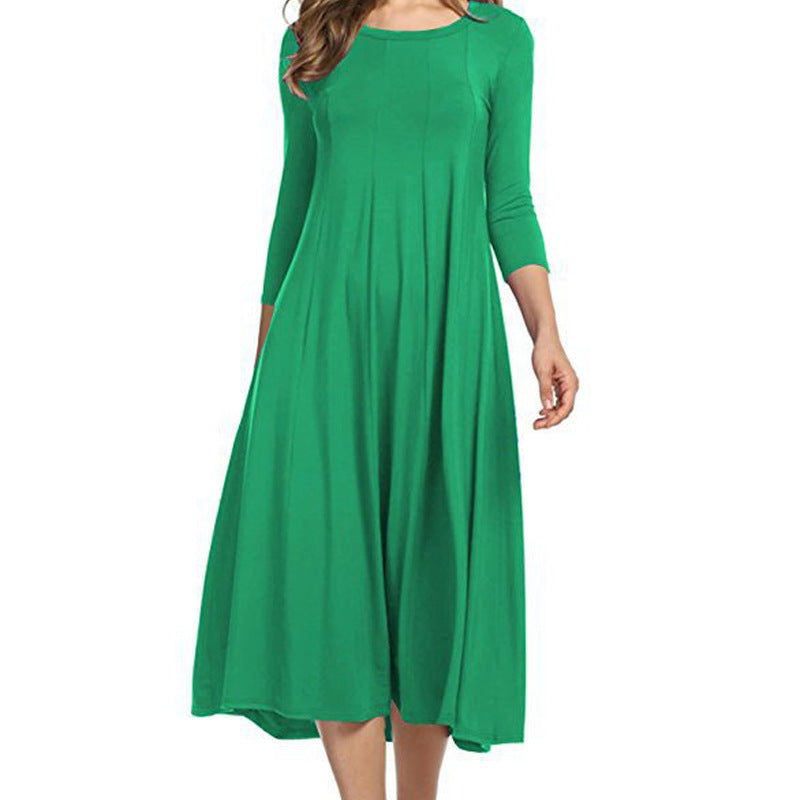 3/4 Sleeve Spring Crew neck Other Other Solid Polyester A-Line Dress Easy Care Knee Length Women