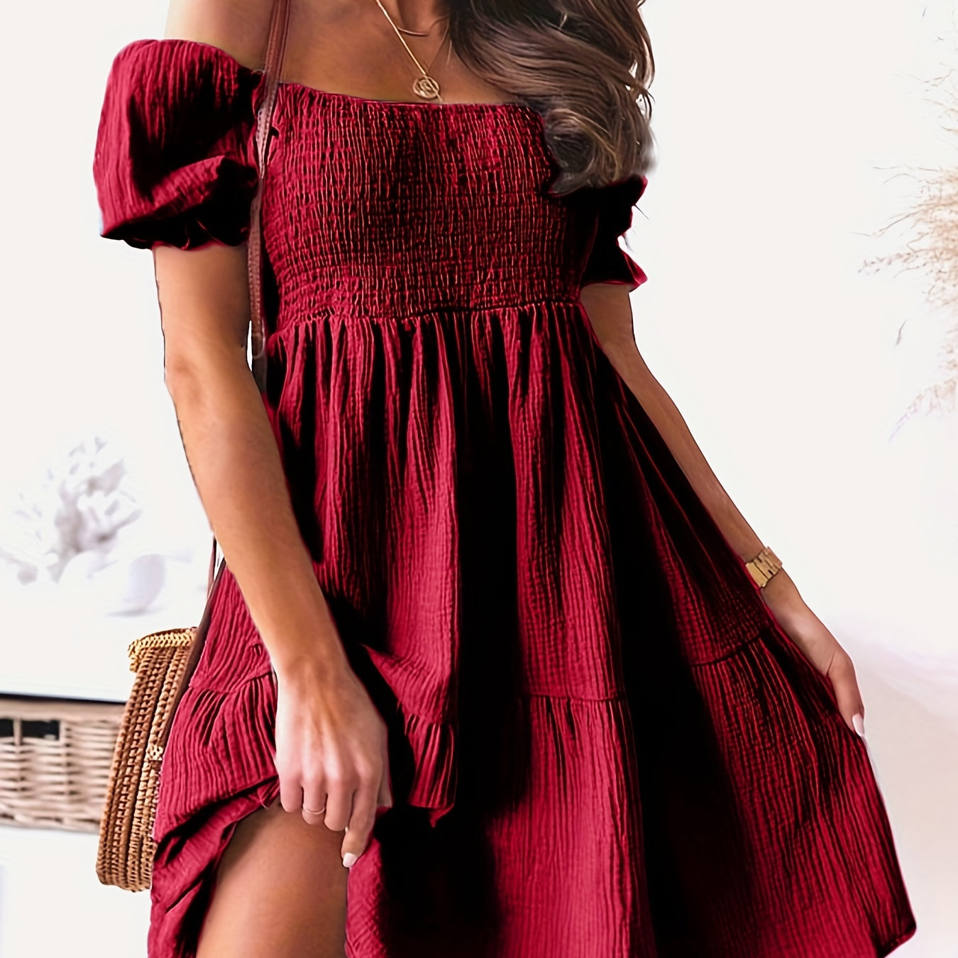 None Ruched Retro Summer Women A-Line Slash neck Sexy Solid Short Thanksgiving Day Short Sleeve Polyester Dress