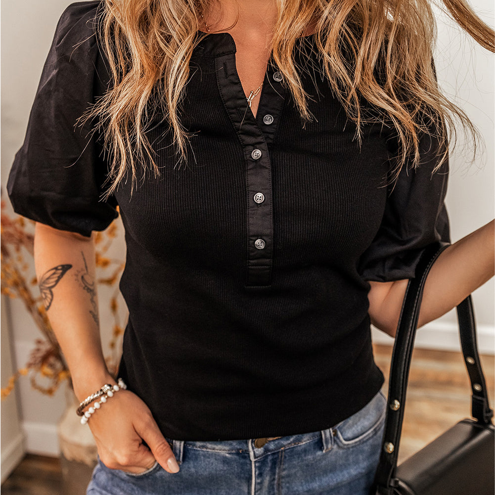 Black Ribbed Patchwork Puff Sleeve Half Button Placket Slim Fit Top