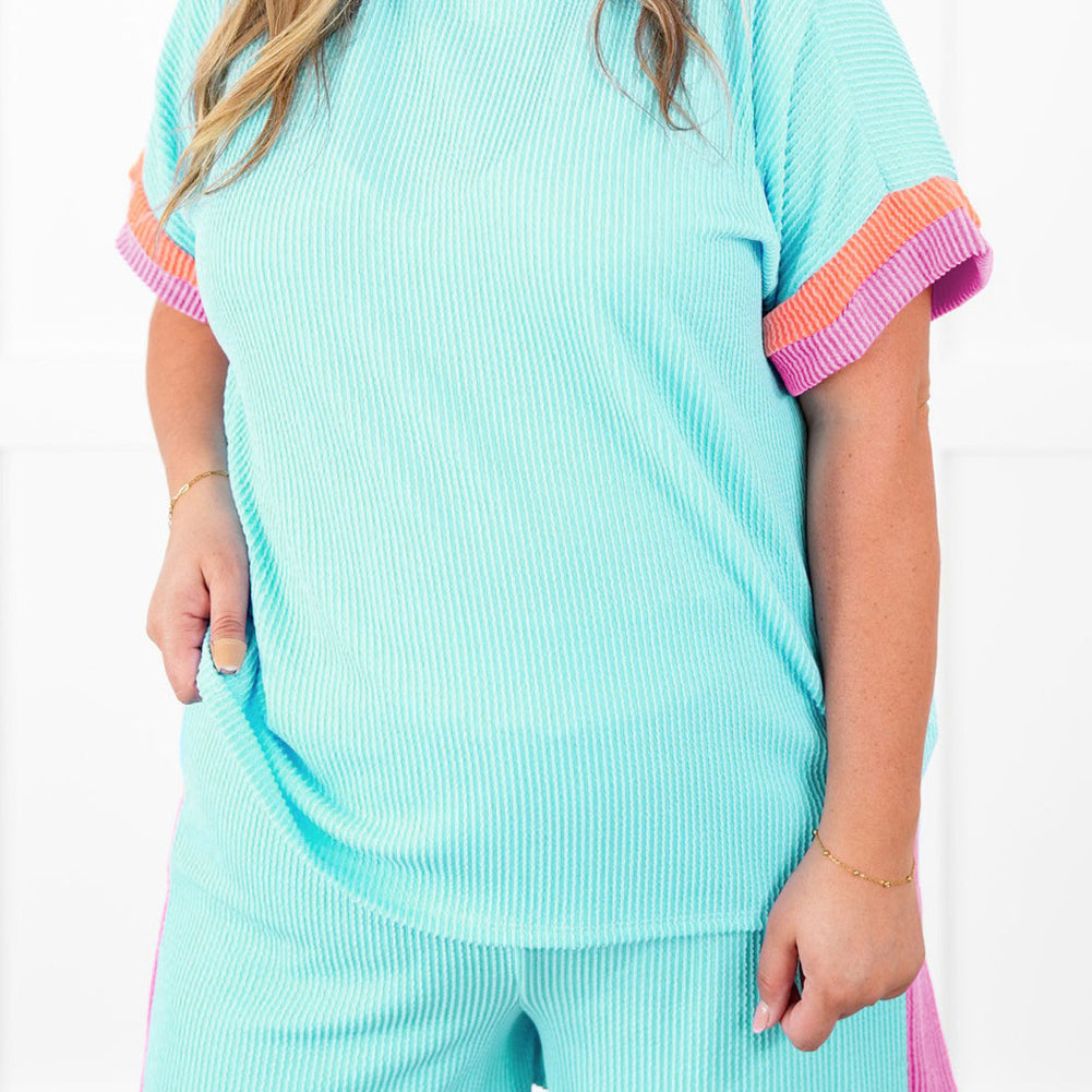 Bonbon Plus Size Color Block Corded Knit Tee and Shorts Set