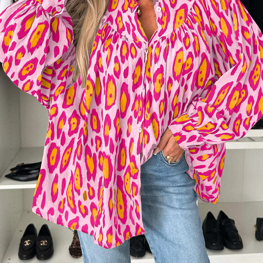 Light French Beige Oversized Leopard Print Balloon Sleeve Casual Shirt