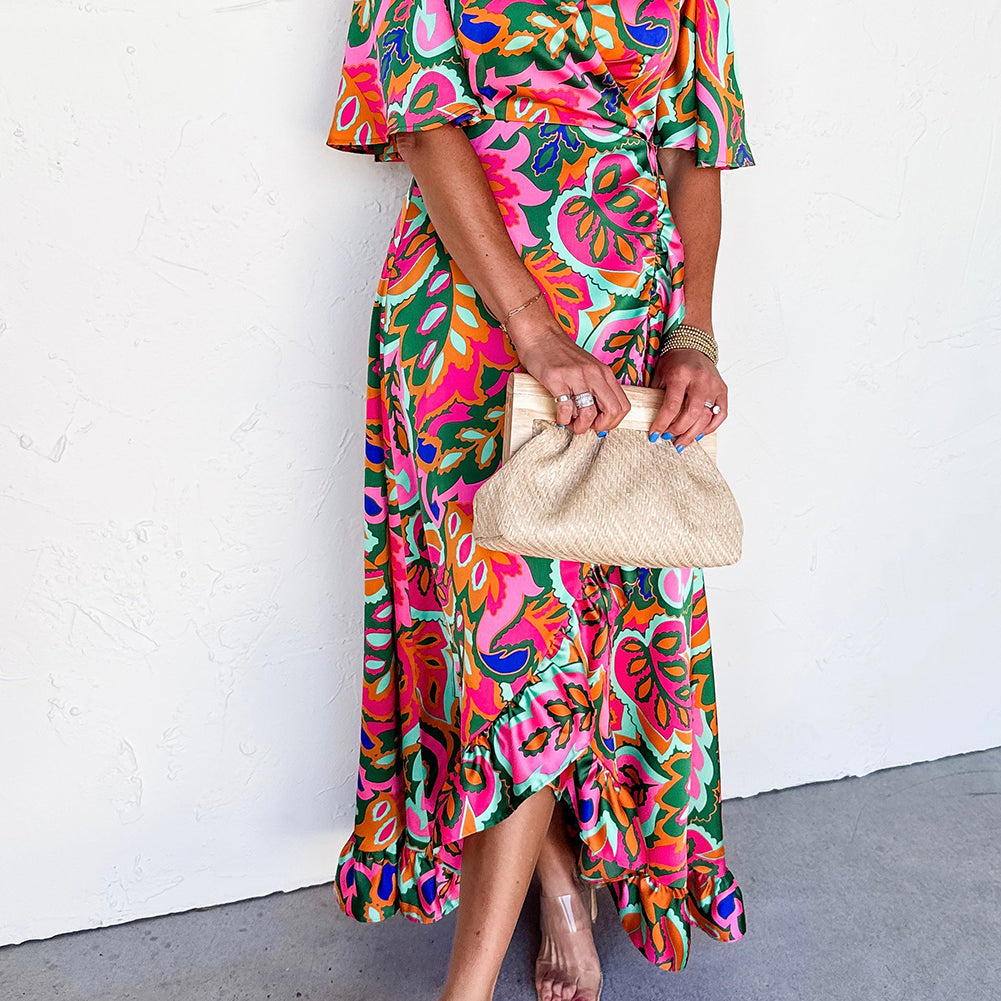 Rose Summer Plant Print Surpliced V Neck Ruffled Asymmetric Slit Wide Short Sleeve Maxi Dress