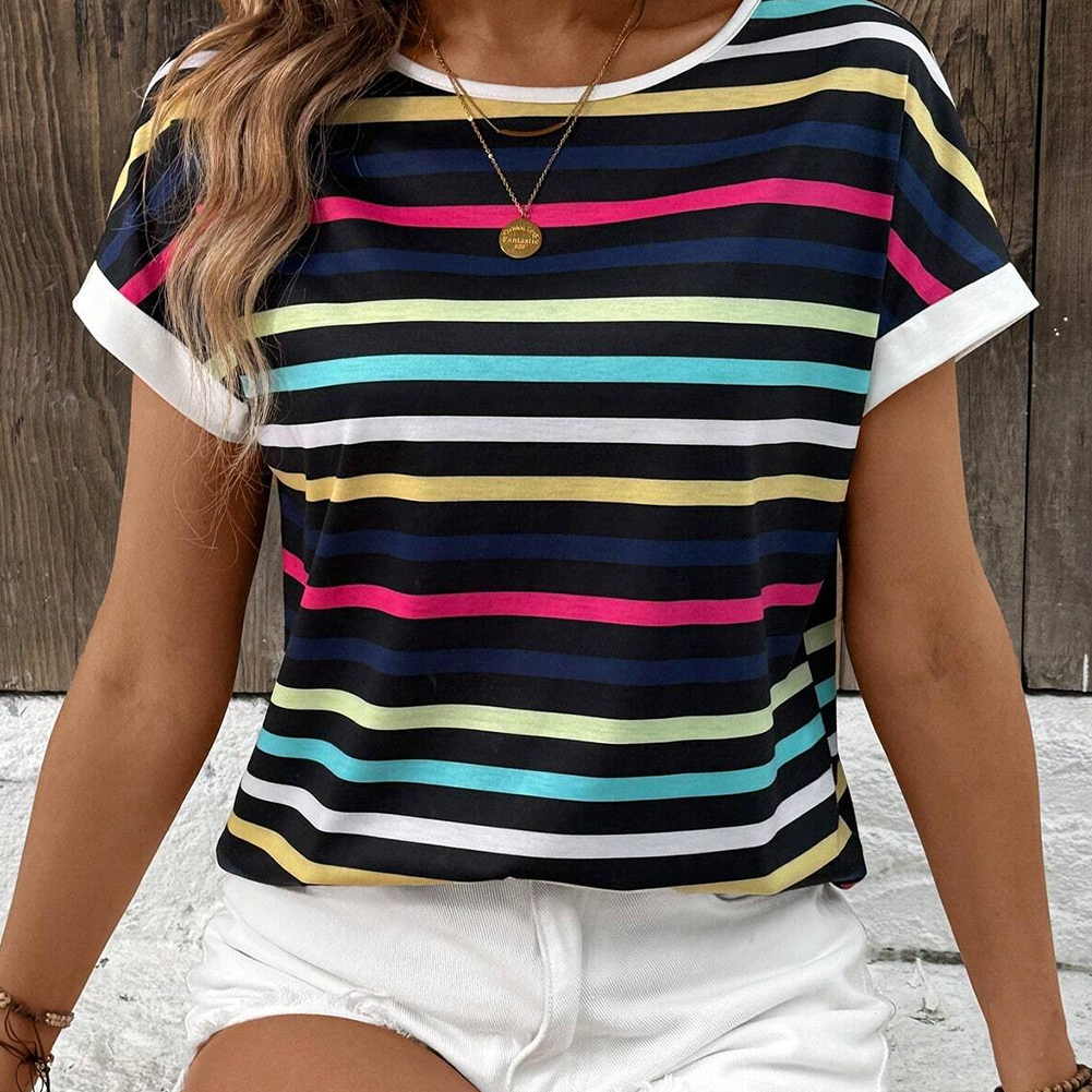 Black Stripe Multicolor Contrast Edge Crew Neck T Shirt