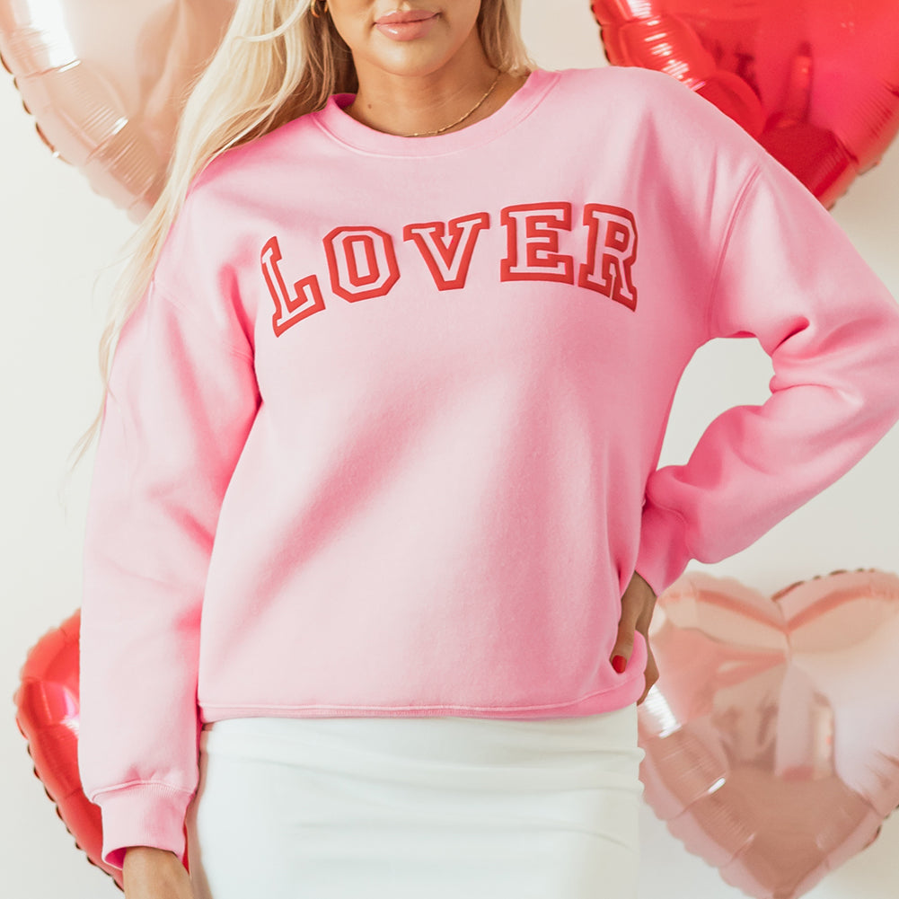 Pink LOVER Puff Print Drop Shoulder Pullover Sweatshirt