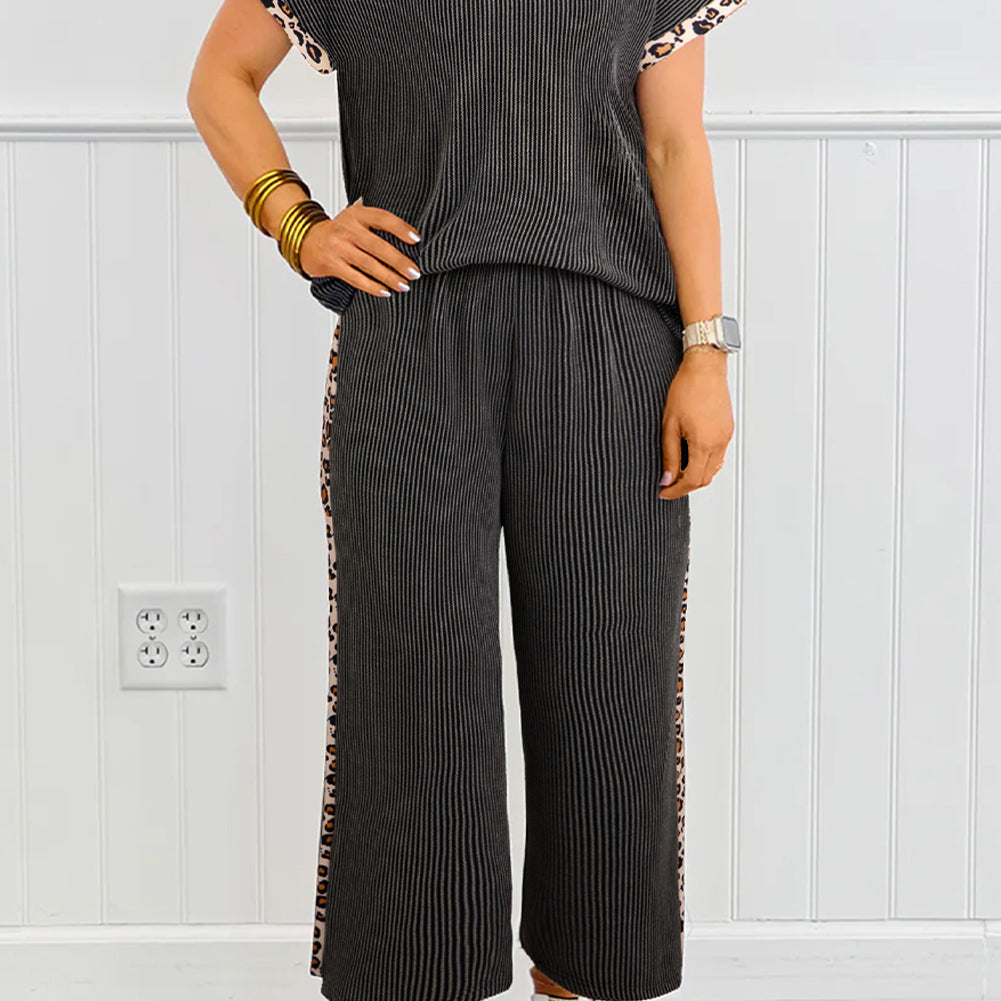 Carbon Grey Leopard Patchwork Edge Twisted Rib T Shirt and Cropped Pants Set