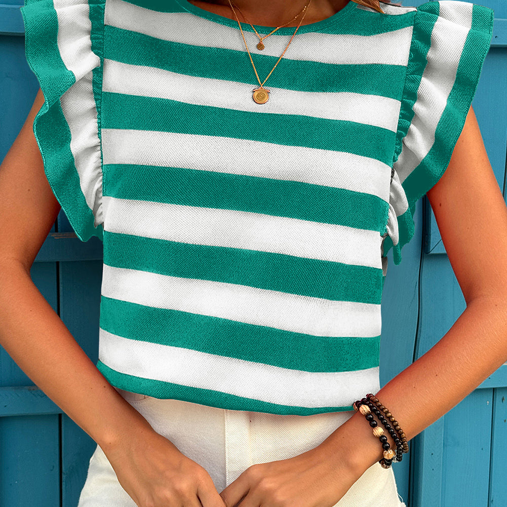 Green Stripe Flutter Sleeve Round Neck T Shirt