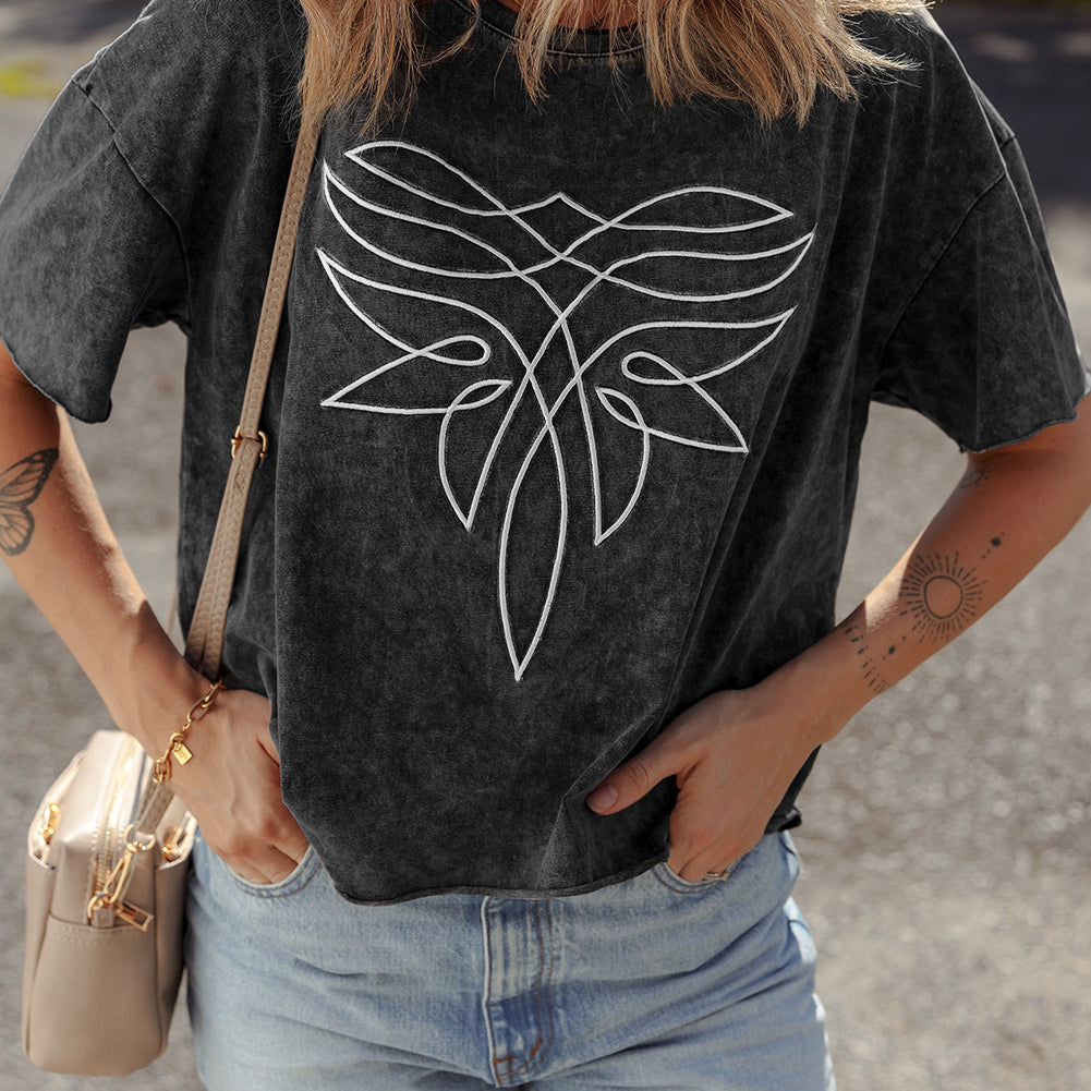 Black Floral Embroidered Mineral Wash Crew Neck T Shirt