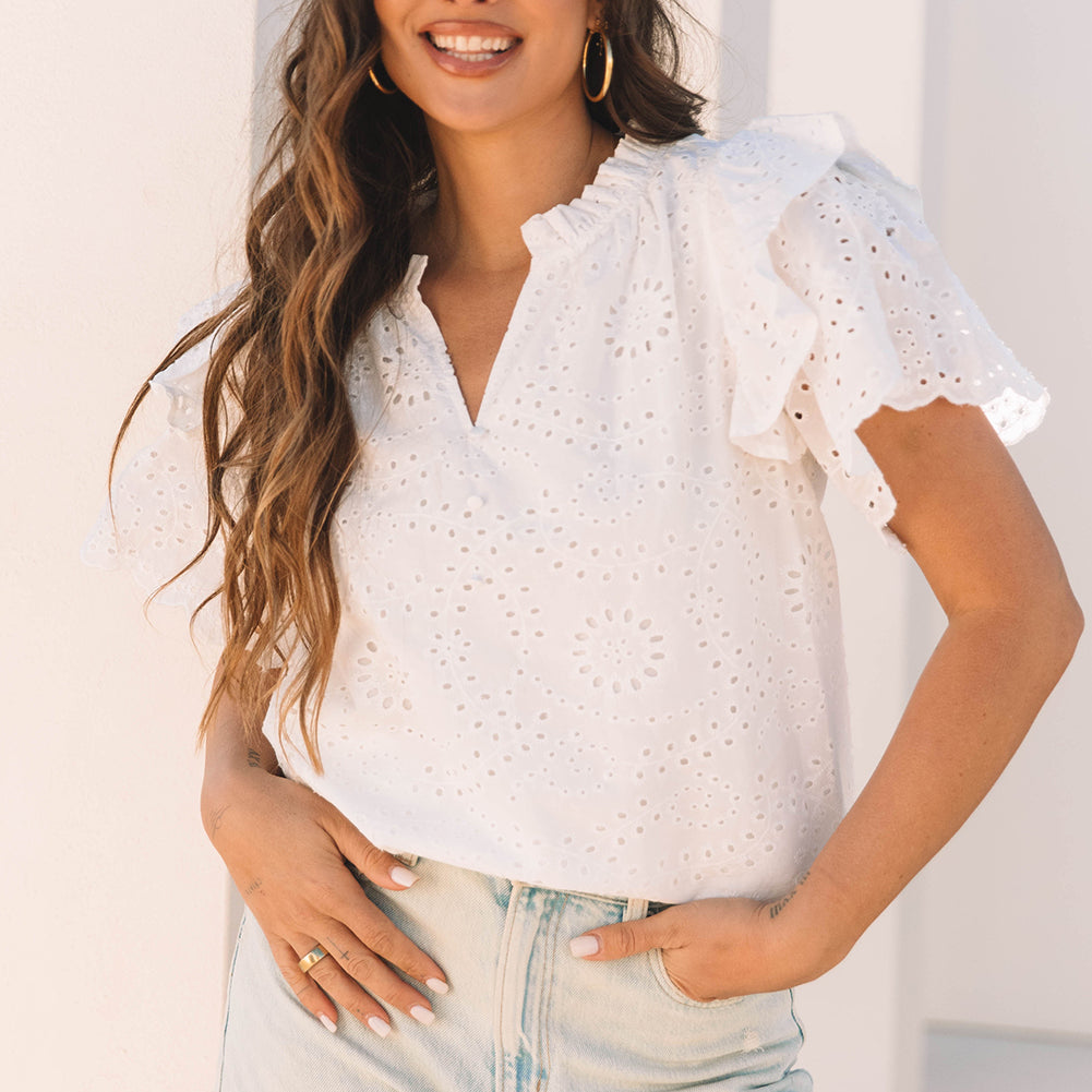 White Broderie Anglaise Ruffle Short Sleeve Blouse
