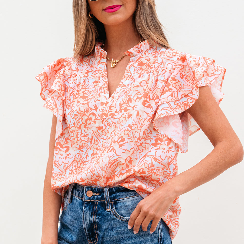 Orange Floral Ruffle Sleeve Split Neck Blouse