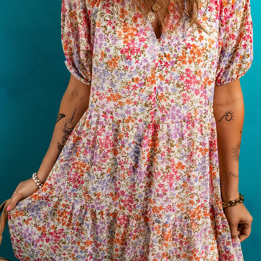 Red Floral Puff Sleeve Notched V Neck Tiered Mini Dress