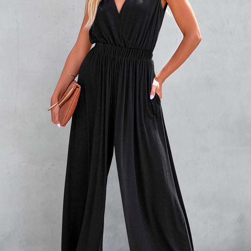 Blackish Green Deep V Pleated Crisscross Wide Leg Backless Jumpsuit