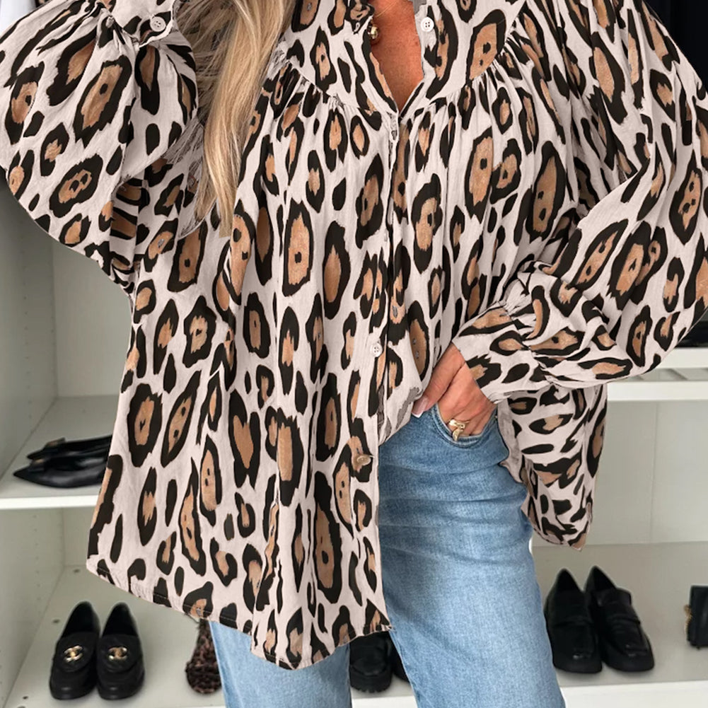 Light French Beige Oversized Leopard Print Balloon Sleeve Casual Shirt